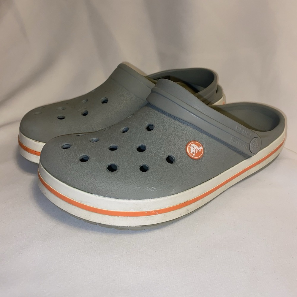 Crocs Grey With White Trim And Orange Stripe Size 6 Mens, 8 Women's Great Shape!